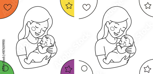 Mother holding baby coloring book page, cute mom and infant line art vector illustration, maternal love and care outline sketch for children education or parenting design.