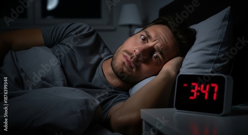 Man lying awake in bed at night looking at a digital alarm clock showing 3 47 AM