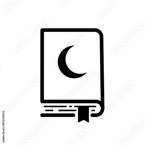 Holy quran book with crescent moon and bookmark, line vector icon