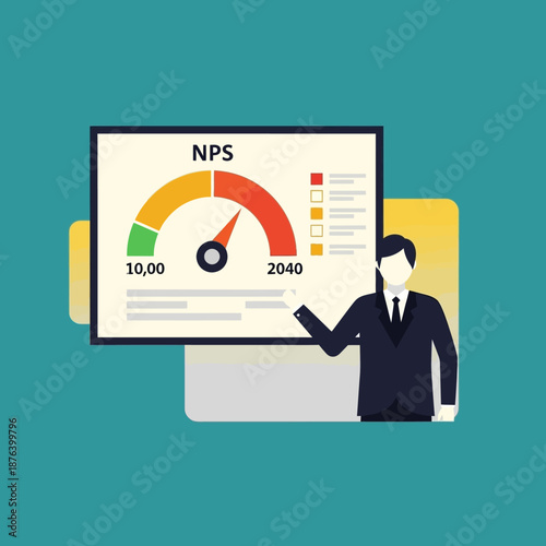 Professional businessman presenting key performance indicator results using an NPS gauge graphic during a strategy meeting