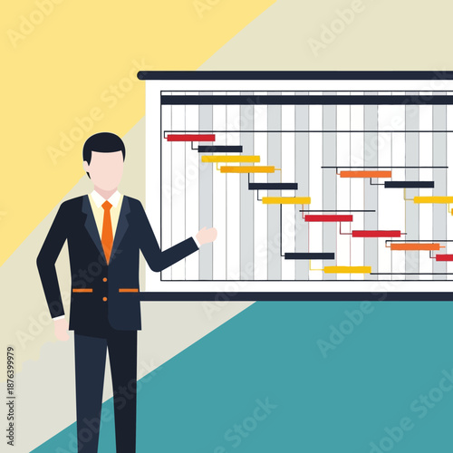 Businessman presents a complex project schedule on a large digital screen using a gantt chart for effective project management and planning.