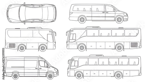 CAD Automotive Vector Set | Car, Bus, Truck Outlines | Top & Side View Floor Plans