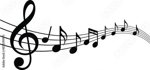 Musical notes and treble clef on a stave with eighth notes and rests