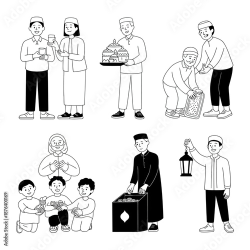 Muslim Life: A set of elegant vector illustrations that depicts a series of charming scenes. people are happily engaged in various activities, each detail conveys warmth and positivity.