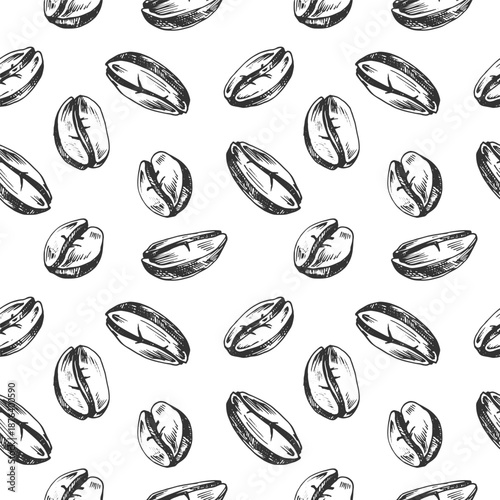 Coffee beans vector seamless pattern hand-drawn in ink. Line art coffee beans. Template for designing labels, fabrics, and wrapping paper