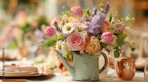 Flowers arranged in a watering can
