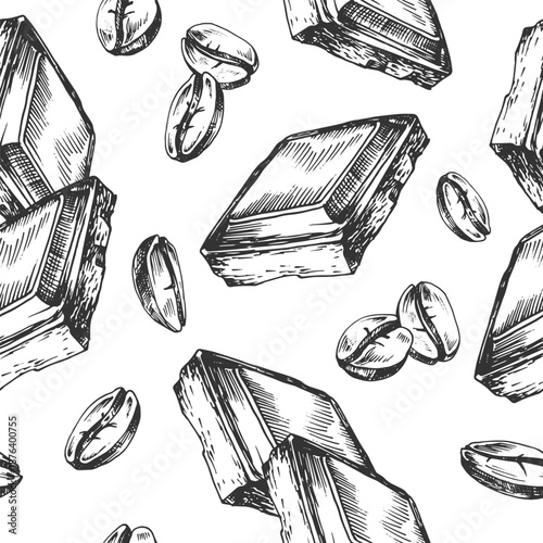 Coffee beans and chocolate slice vector seamless pattern hand-drawn in ink. Black and white design template isolated on white background.