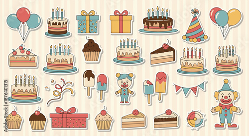 Colorful collection of birthday celebration stickers including delicious cakes cupcakes balloons and cute circus clowns.