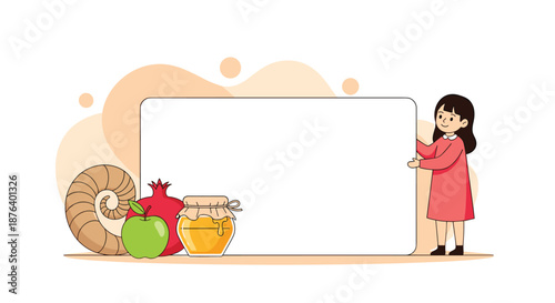 Cute young girl holding a large blank white board surrounded by traditional Rosh Hashanah symbols like honey apple and pomegranate.