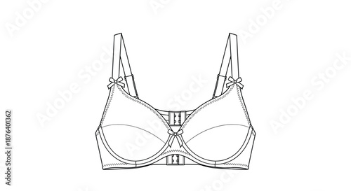 Detailed technical line drawing of a comfortable feminine bra featuring adjustable straps and delicate bow accents on a white background.