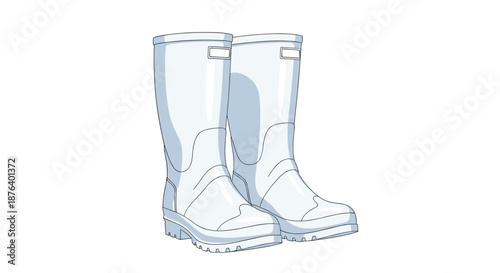 Pair of sturdy white waterproof rubber boots used for rain protection or gardening tasks isolated on a plain white background.