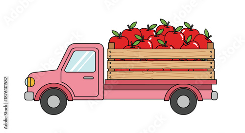 Cheerful pink pickup truck transporting a large wooden crate overflowing with ripe red apples during the autumn harvest season.