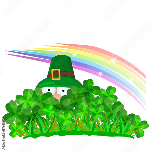 Leprechaun in clovers bush with above rainbow on white background. Leprechauns eyes and green hat peek out from patch of four-leaf clovers. Gnome with shamrock and rainbow. St. Patrick's Day. Vector