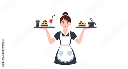 Professional waitress wearing a uniform and apron while balancing two trays filled with coffee, juice, and cherry cakes.