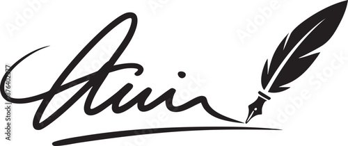 Handwritten signature with feather pen writing cursive artistic typography vector illustration graphic design