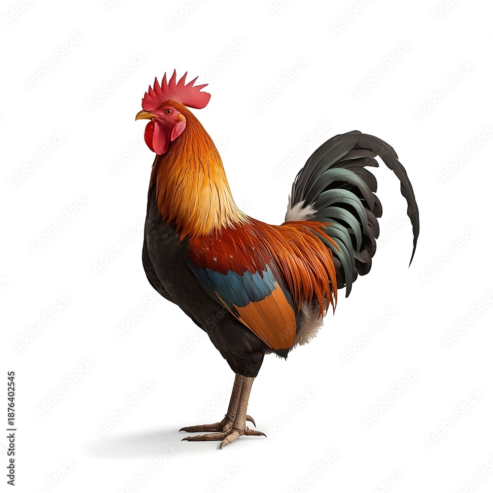 Fototapeta premium Rooster Three Quarter View Isolated on White Background
