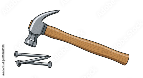 Metal claw hammer with a wooden handle lying next to a small pile of steel nails isolated on a white background.