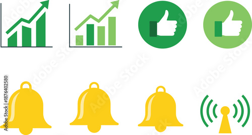 Set of Business Growth Bar Charts Social Media Thumbs Up and Yellow Notification Bell Icons for UI Design.