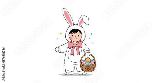 Cute child dressed in a white fluffy bunny costume holding a basket full of colorful decorated Easter eggs.