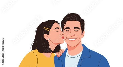 Young woman kissing a man on his cheek while he smiles happily in a sweet moment of affection on a white background.