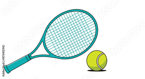 Teal tennis racket and a bright yellow ball shown together in a simple illustration for sports and fitness themes.