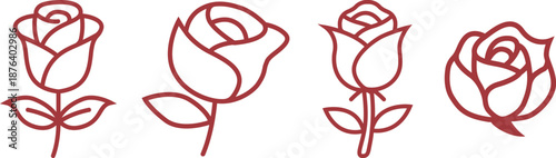 Minimal Red Rose Line Art Icon Set.