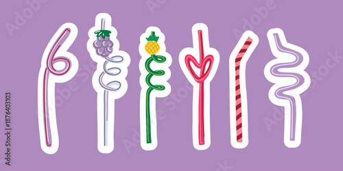 Set of colorful curly drinking straws stickers with fruit toppers and heart shapes on purple background.