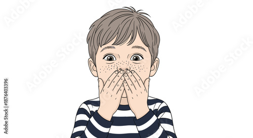 Surprised young boy with freckles and brown hair covering his mouth with both hands in shock or disbelief.