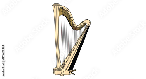 Elegant classical concert harp instrument with golden details and intricate strings for orchestral music.