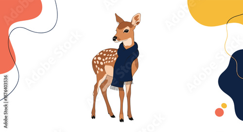 Beautiful young spotted deer wearing a navy blue winter scarf standing amongst colorful abstract background shapes.