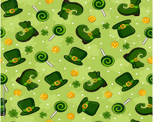 St Patrick’s Day Seamless Pattern with Leprechaun Hats and Gold Coins 