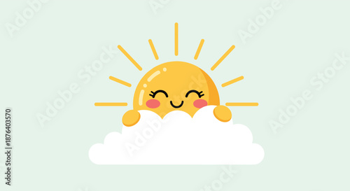 Happy smiling sun character with pink cheeks peaking out from behind a soft white cloud on a green sky.