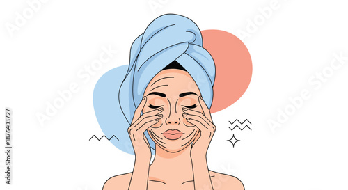 Young woman with a towel on her head performing a facial massage or skincare routine with her eyes closed.