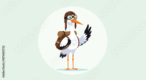 Funny cartoon stork wearing a vintage pilot helmet and goggles carrying a brown backpack for a long trip.