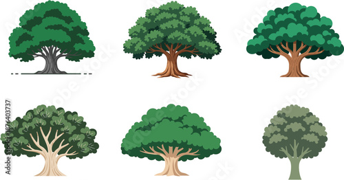 Collection of diverse pixel art deciduous trees, showcasing varied shapes and sizes in a stylized, illustrative design