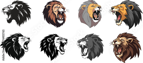 Collection of roaring lion heads, diverse styles and color palettes, capturing fierce expressions and powerful imagery, perfect for graphic design and branding