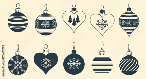 Collection of dark blue Christmas ornament silhouettes with white festive patterns on a light beige background.