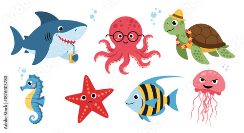 Large set of colorful cute sea animals including a shark octopus sea turtle seahorse starfish fish and jellyfish.