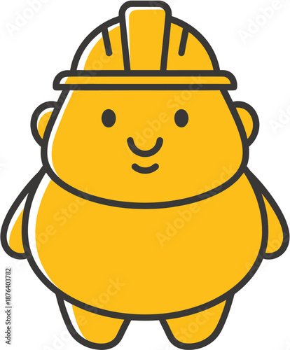 Chubby construction worker wearing a hard hat, a cute cartoon character representing the building industry with a friendly face and a round body