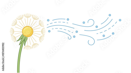 A stylized illustration of a white dandelion seed head with a green stem, releasing its seeds into the air as blue wind currents blow them away.