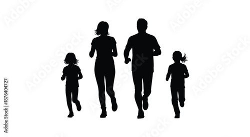 a family of four running together in a black silhouette high quality professional detailed modern elegant