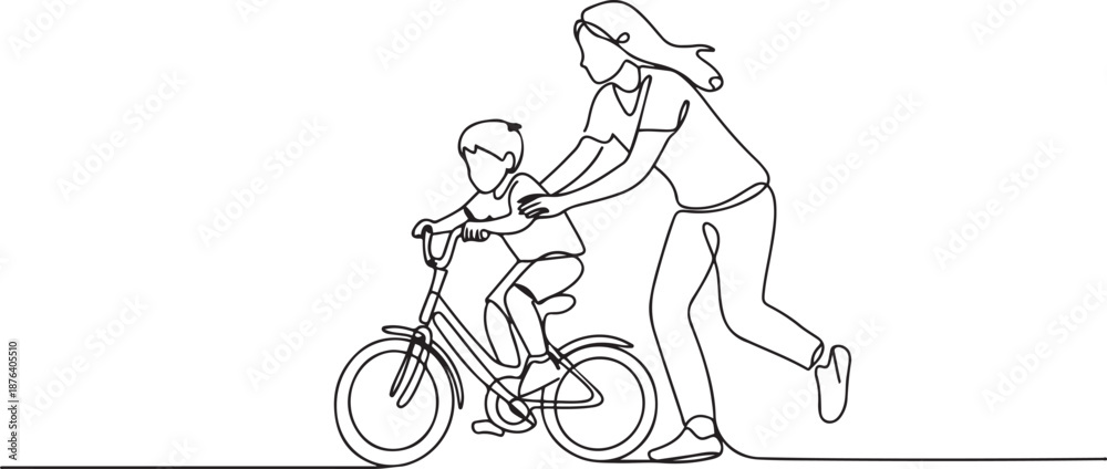 Fototapeta premium Single continuous line drawing of young kids boy learning ride bicycle with mother at outdoor park. Parenthood lesson. Family time concept. one line Icon drawing