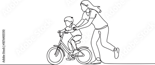 Single continuous line drawing of young kids boy learning ride bicycle with mother at outdoor park. Parenthood lesson. Family time concept. one line Icon drawing