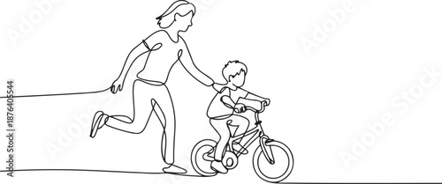 Single continuous line drawing of young kids boy learning ride bicycle with mother at outdoor park. Parenthood lesson. Family time concept. one line Icon drawing