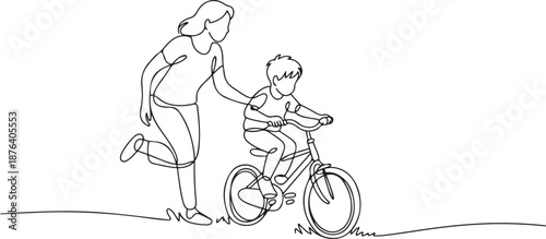 Single continuous line drawing of young kids boy learning ride bicycle with mother at outdoor park. Parenthood lesson. Family time concept. one line Icon drawing