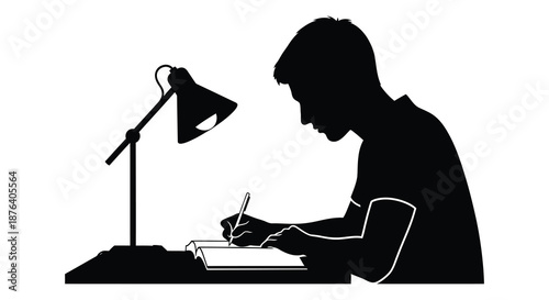 a man sitting at a desk writing with a lamp beside him silhouette high quality professional