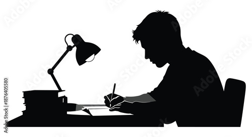 a man sitting at a desk writing with a lamp beside him silhouette high quality professional