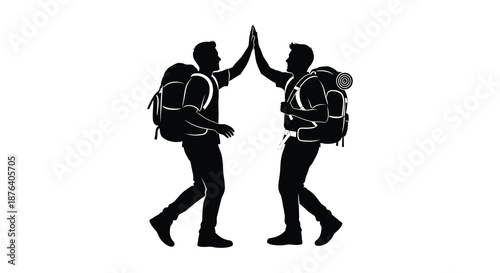 two hikers with backpacks giving high five in black silhouette high quality professional detailed modern elegant