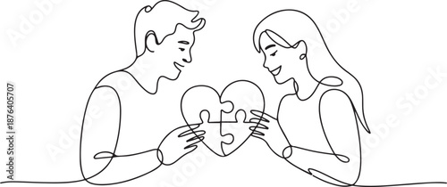 Single continuous line drawing of young happy man and woman put the puzzle pieces together to form cute heart shape. Romantic marriage love concept. one line Icon drawing