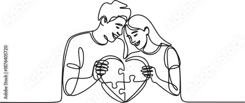 Single continuous line drawing of young happy man and woman put the puzzle pieces together to form cute heart shape. Romantic marriage love concept. one line Icon drawing